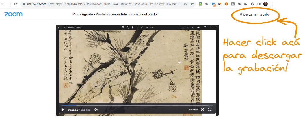 Captura de pantalla: cómo descargar la grabación de la clase de sumi-e