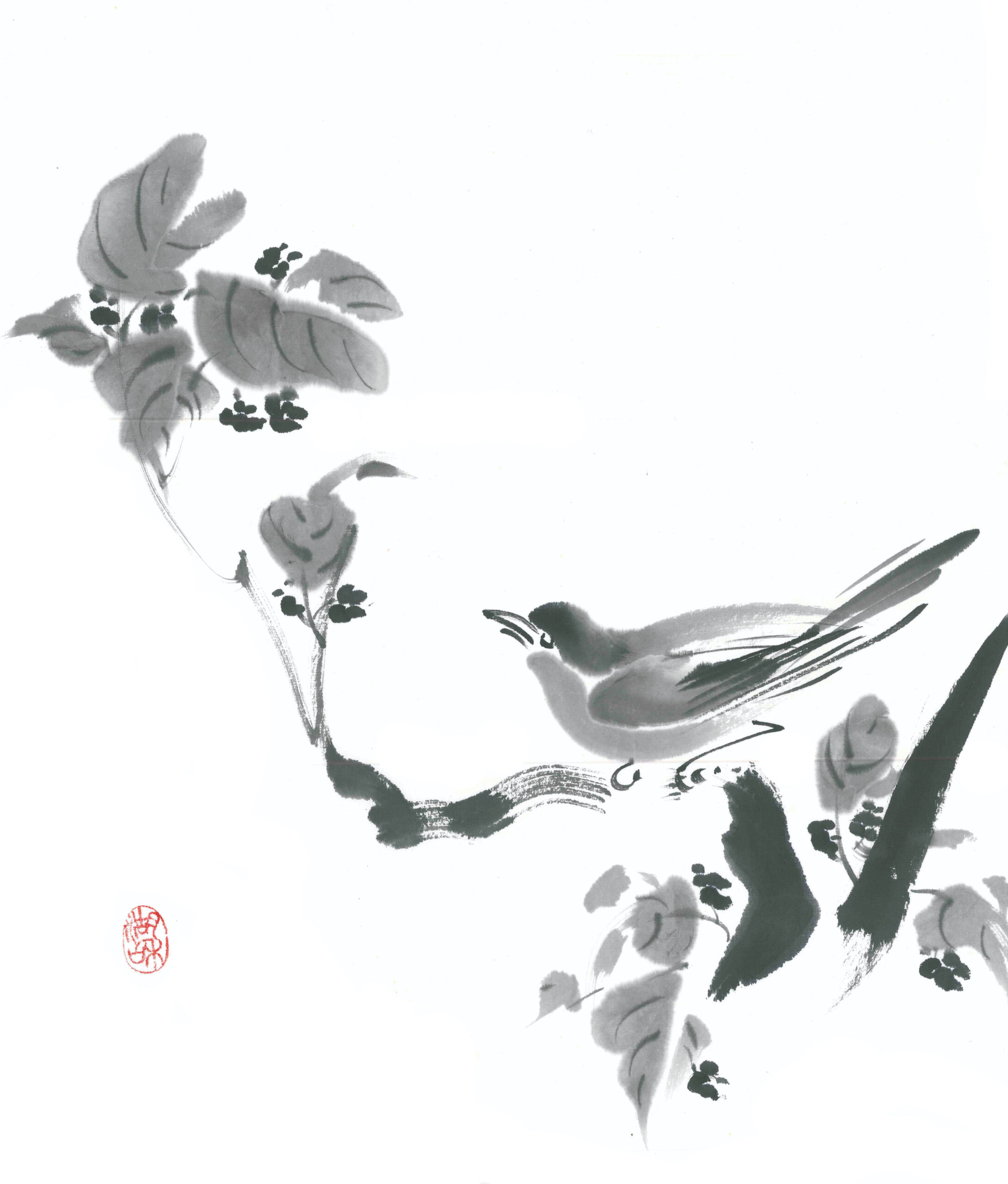 Pájaro en rama de moras 40 x 44