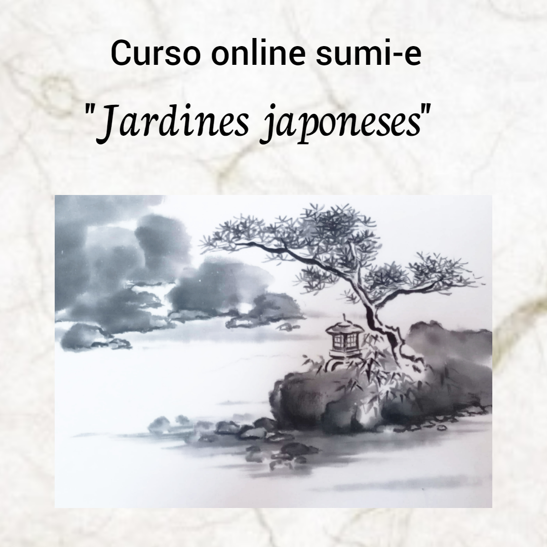 Pintura sumi-e de un jardín japonés con puente, farolito y agua